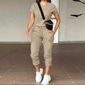 Fashionable casual solid-color round-neck top with pocket pants children's set