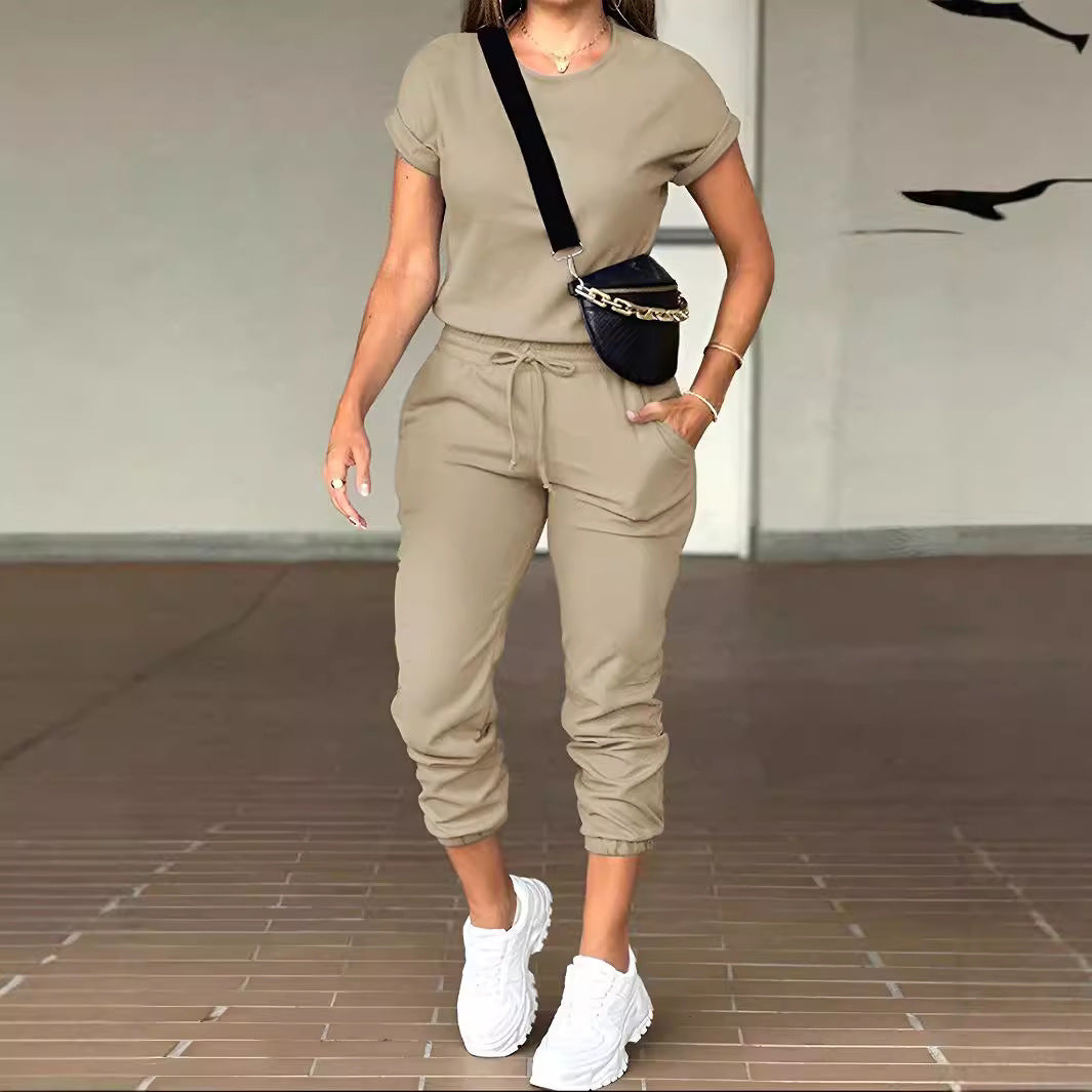 Fashionable casual solid-color round-neck top with pocket pants children's set