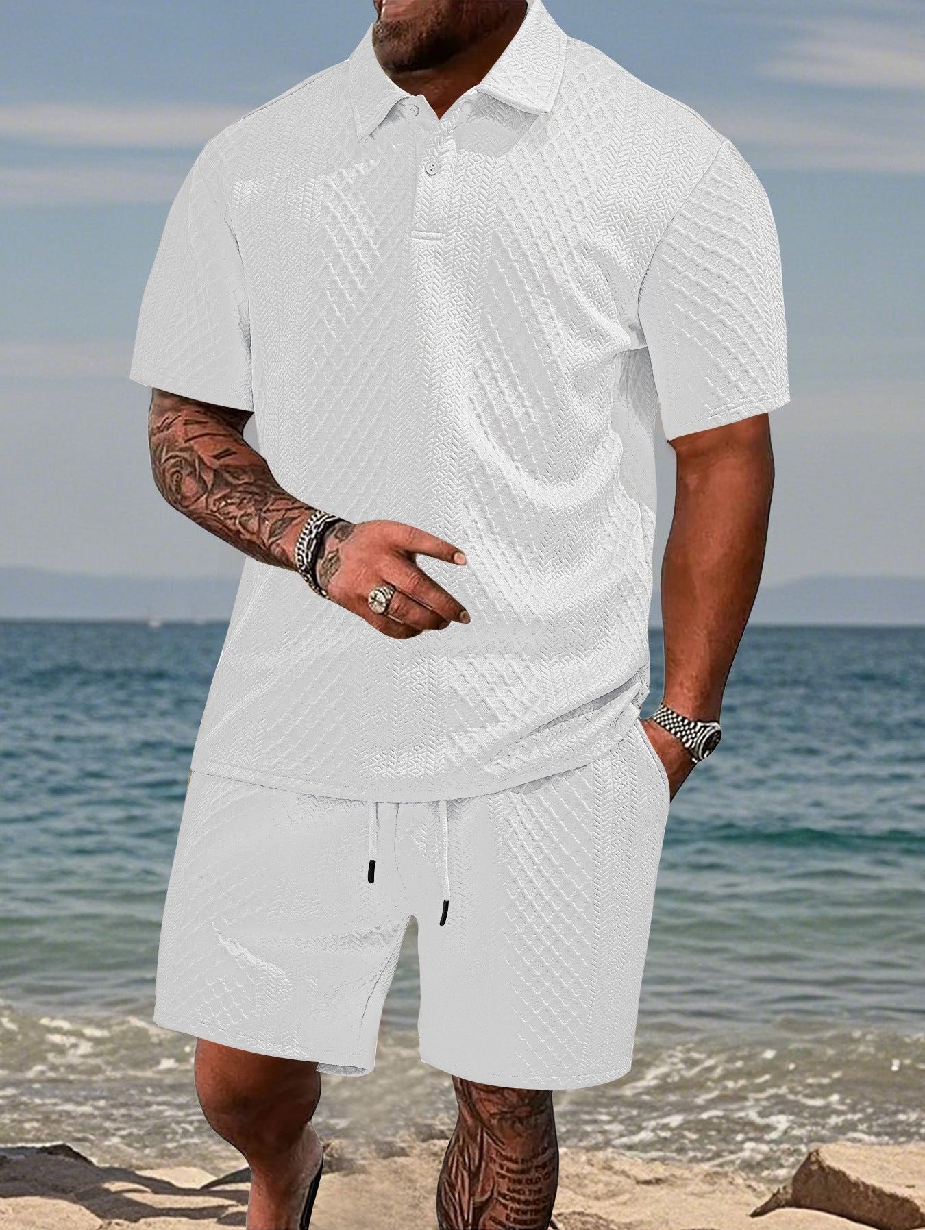 Texture Polo shirt with drawstring shorts men's set