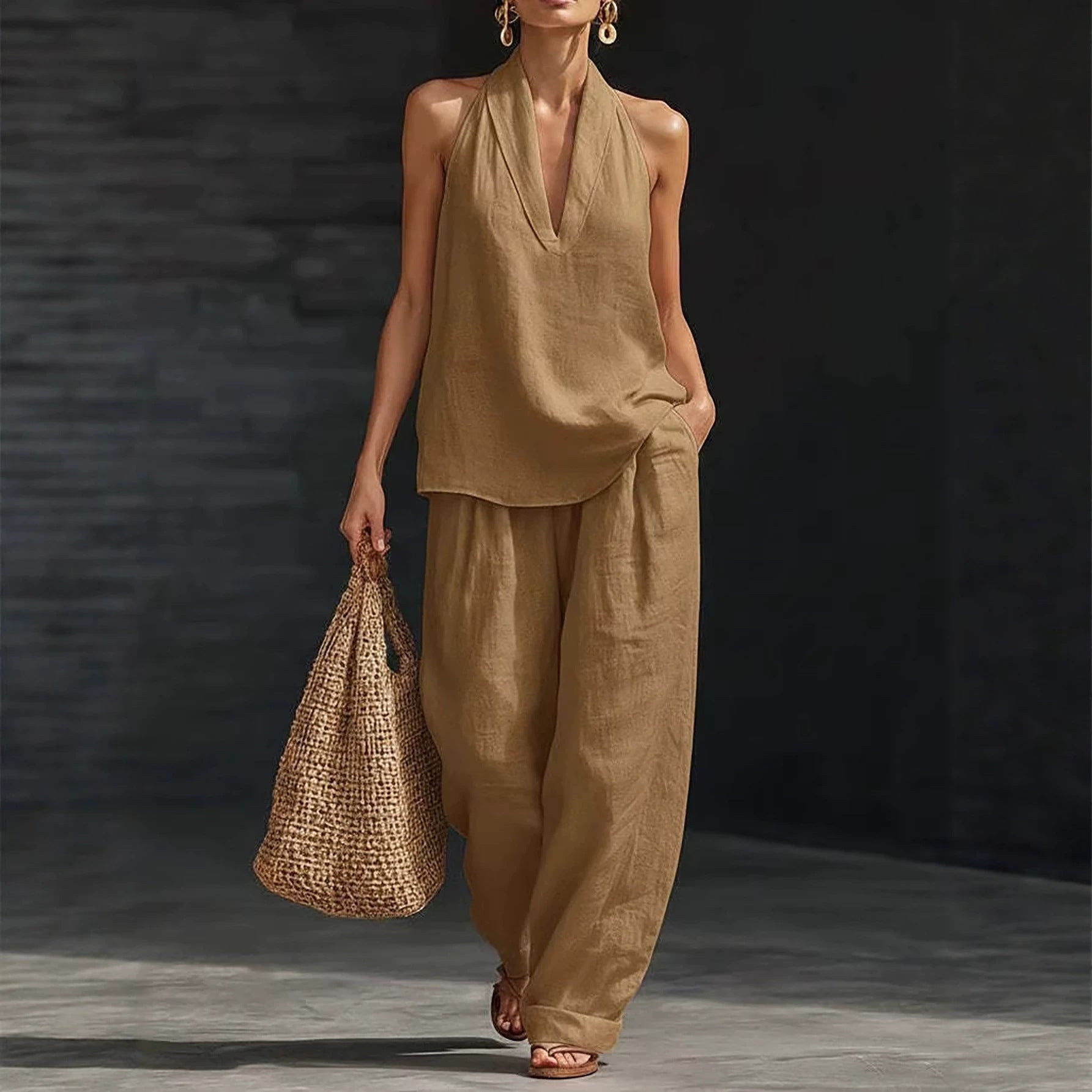 Big size suit with V-neck and strap around the neck