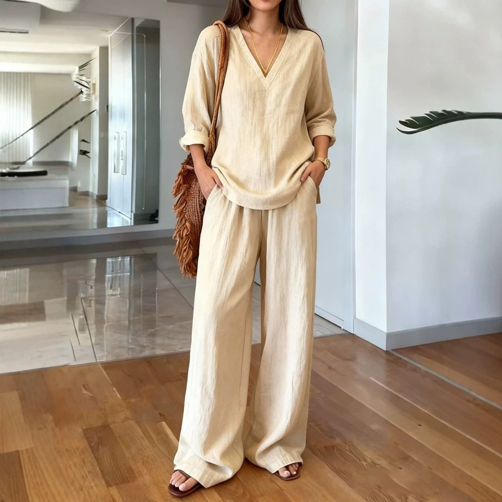 Women's V-neck pullover long-sleeved plus-size pants